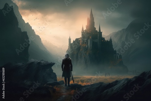witcher standing in fantasy landscape and looking at castle, Generative AI