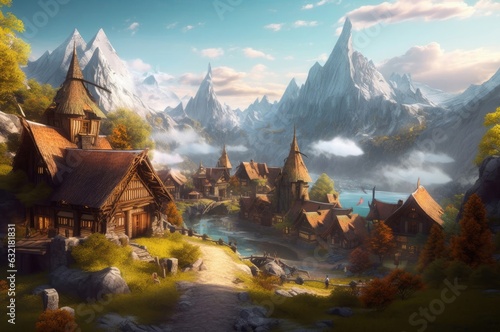 fantasy village in the mountains, Generative AI