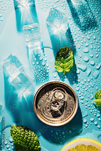 Creative summer composition with lemon slice, mint leaves, can of soda and ice cubes. Minimal lemonade drink concept.