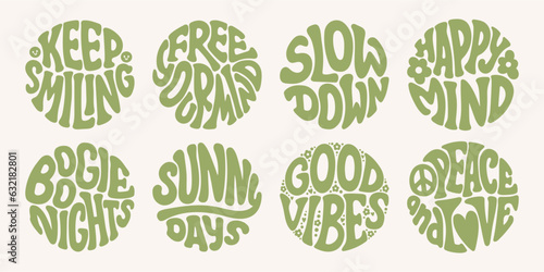 Groovy lettering set. Retro slogan collection in round shape. Trendy groovy print design for poster, card, tshirt.