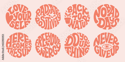 Groovy lettering set. Retro slogan collection in round shape. Trendy groovy print design for poster, card, tshirt.
