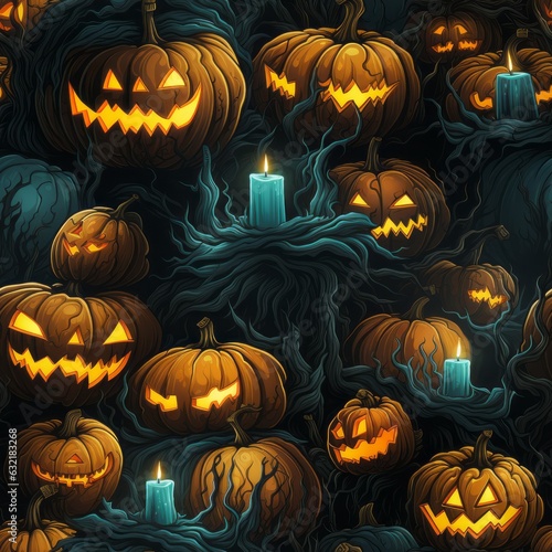 Seamless pattern with jack o lantern halloween pumpkins on spooky background. Concept be used for brochure  backdrops  web banner  scrapbook   textile print  page fill. Generative Ai