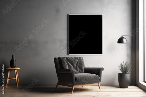 minimal design appartment, a wall with 2 or 3 picture frames, modern living-room, colourful furniture, perpendicular composition, center perspective, very detailed, photorealistic, photographic,