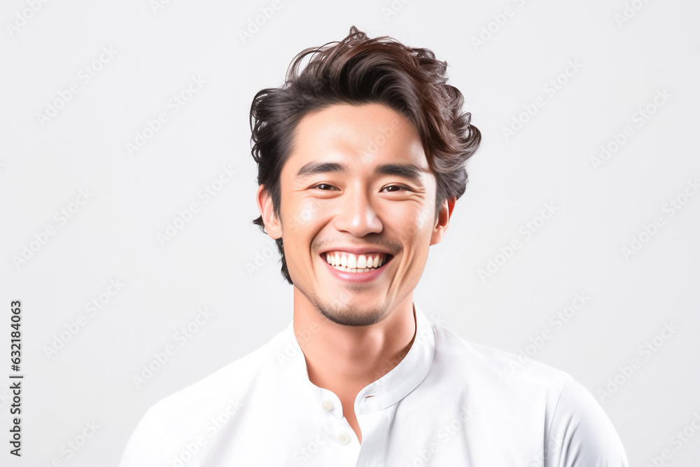 Close up face of happy man looking at camera isolated over smoke grey wall. Portrait of young smiling handsome guy in white t-shirt showing happy, positive and friendly. Generative AI. Close up face of happy man looking at camera isolated over smoke grey wall. Portrait of young smiling handsome guy in white t-shirt showing happy, positive and friendly. Generative AI.