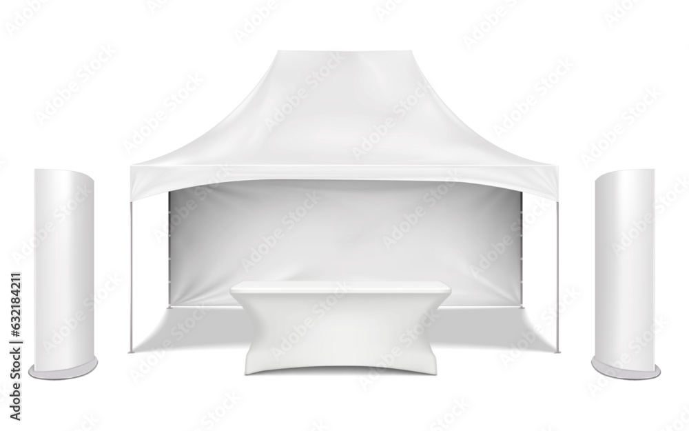 Exhibition set. Blank white gazebo canopy tent with promotional table ...