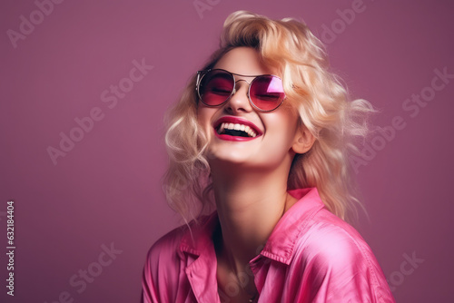 Blond young happy woman laughing wearing 80s fashion in Stylish woman posing as supermodel, generative AI