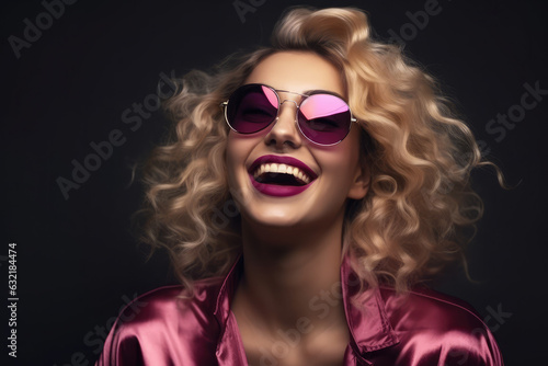 Blond young happy woman laughing wearing 80s fashion in Stylish woman posing as supermodel, generative AI