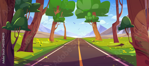 Mountain highway road in forest vector landscape. Summer trip on empty asphalt path through woodland to skyline. Blue sky journey environment with green grass with flower meadow area on sunny day photo