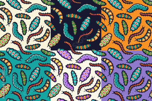 Set of seamless patterns with caterpillars or worms for halloween design background. Wallpapers with scary insect larvae for october party banner, poster or postcard