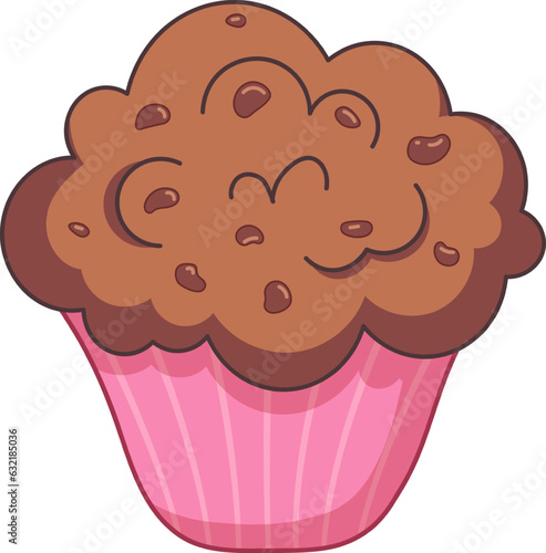 Vector image of muffin, cupcake in cartoon style on transparent background. Sweet pastries in pink wrapper with chocolate pieces