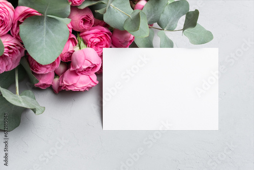 Wedding paper invitation card mockup with fresh roses flowers bouquet, blank card mock up with copy space