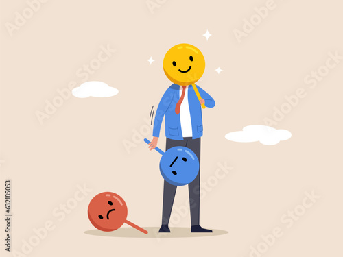 Businessman holding mask on his face to express emotion. Feeling, fake feeling, Facial Grimaces, editable emotion of human. Concept of face expression, modern flat vector illustration