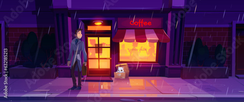 Night street cafe building exterior and cat in box illustration. Rain in city outside bar window cartoon background. Man see lonely pet near shop on sidewalk. Homeless animal outdoor near restaurant