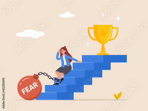 Afraid of progress forward concept. Depressed businesswoman sitting on stairway to success goal. Fear of failure, anxiety or stressed, negative emotion in career development. 