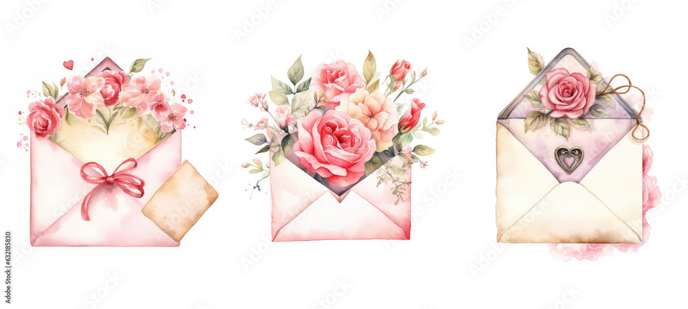 romance love letter envelope watercolor - obrazy, fototapety, plakaty 