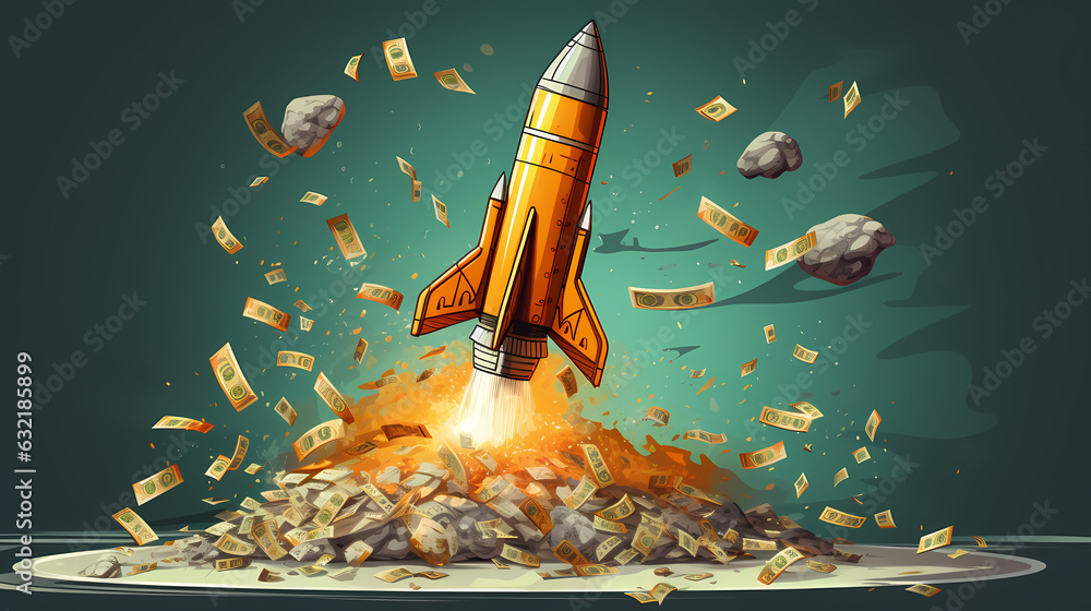 Rocketing to Success: Business Illustration of Money and Launch, Generative AI