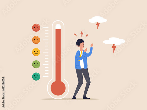 Concept of emotional overload, stress level, burnout, increased productivity, tiring, boring, positive, frustration employee in job. Man near thermometer emotional scale difference icon. Flat vector.