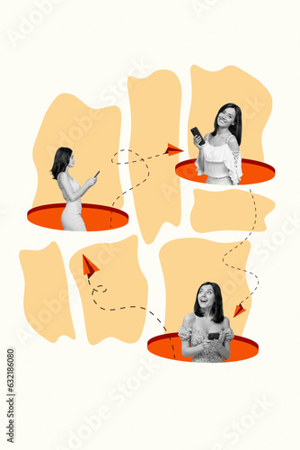 Cuadro en lienzo Banner collage illustration of three girls young age texting communicate chattin