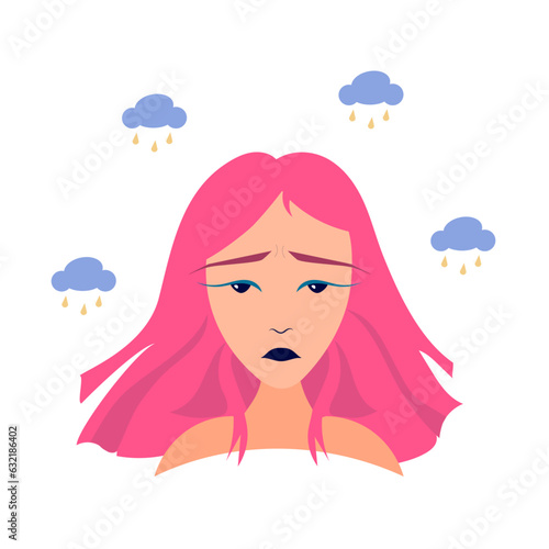Sad and confuse girl with pink hair under the rain 