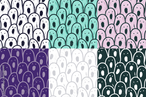 Set of seamless patterns with ghost for halloween design. Wallpapers or background with spirit or soul for october party banner, poster or postcard