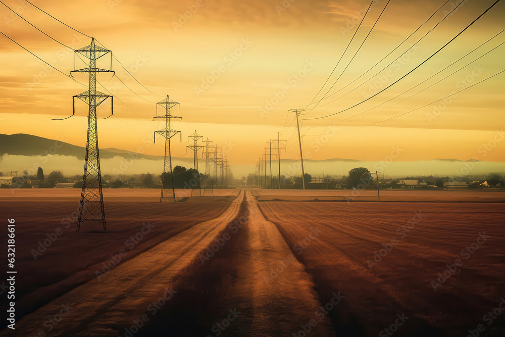 Series Of Power Lines Stretching Across Rural Landscape, Highlighting Linear Perspective. Generative AI