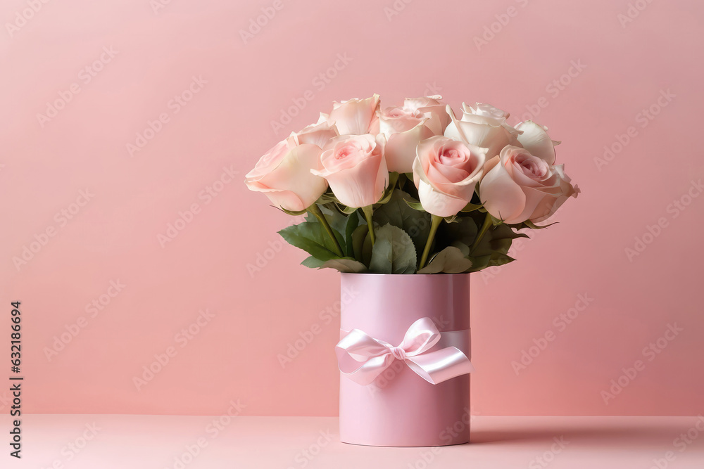 Beautiful Bouquet Of Roses In Vase With Gift Box, Empty Space, On Pink Background. Generative AI