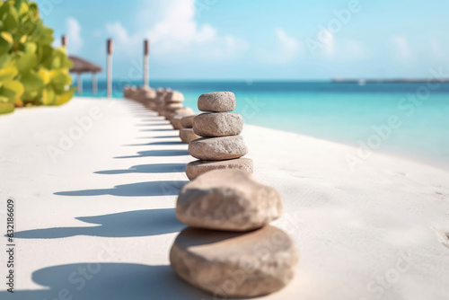 Stone Fence Walkway On White Sand Against A Backdrop Of The Unfocused Maldives. Generative AI