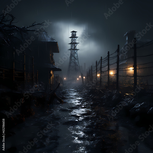 Prisoner of Desolation: Cinematic Rain and Spotlight in Gulag Atmosphere, Generative AI photo