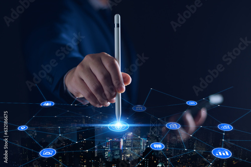 Online marketing business network concept. Businessman is connecting to business network on the internet. Plan real estate investments, analyze the market with AI, analyze customer needs.