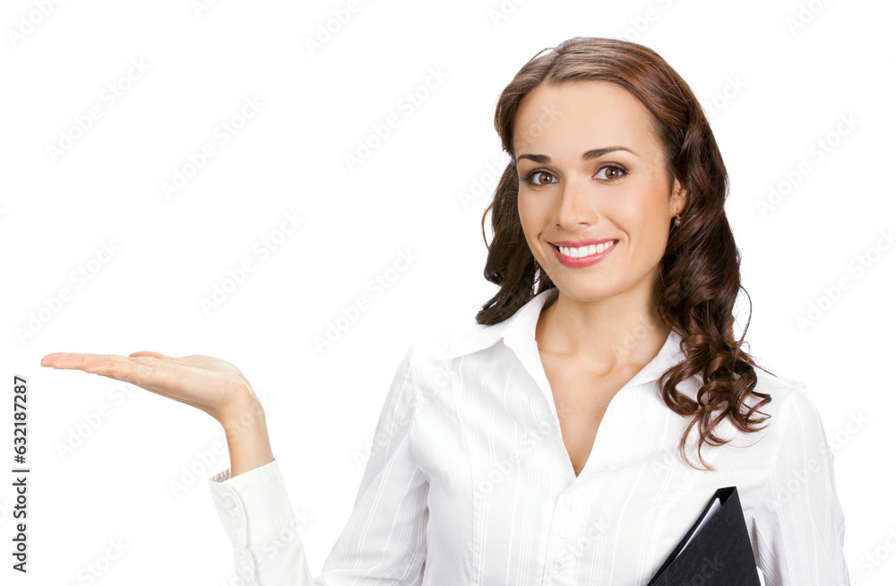 Happy smiling young business woman showing blank area for sign or copyspase, isolated over white background Happy smiling young business woman showing blank area for sign or copyspase, isolated over white background