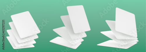 3d mockup of blank playing cards for poker and board games. Flying and falling empty white paper pages, casino or gift cards isolated on green background, vector realistic set