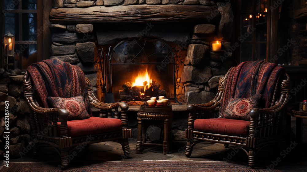 Chairs in front of a fireplace. Generative Ai Chairs in front of a fireplace. Generative Ai