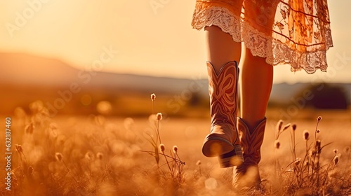 Beautiful Cowgirl in Autumn Field. Close-up Young Woman Legs Wearing Attractive Cowgirl Boots. Cheerful Caucasian Fashion in Countryside Dress at Sunset: Generative AI