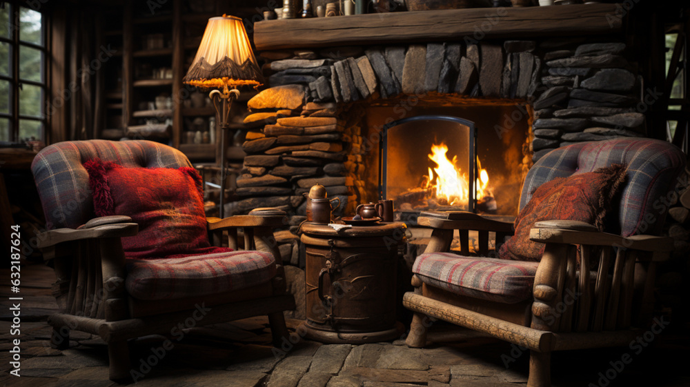 Chairs in front of a fireplace. Generative Ai Chairs in front of a fireplace. Generative Ai