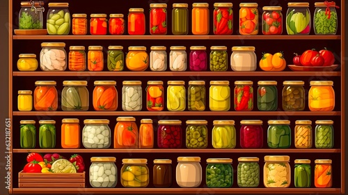 Food Storage Room: Home Pantry with Jars of Home Canning Fruits and Vegetables on Shelves for Food Storage and Preservation: Generative AI © AIGen