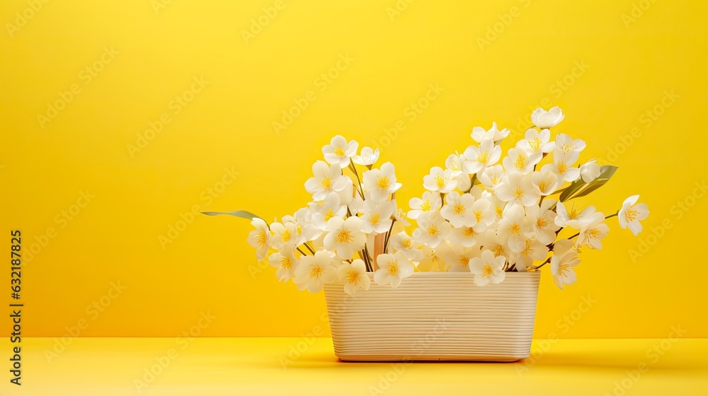 Yellow Spring: Mock-up of a Wooden Basket with White Flowers on a Beautiful Yellow Spring Background Rendered in 3D: Generative AI