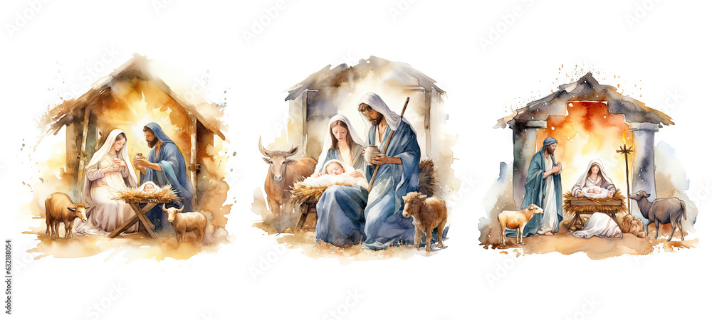 mary nativity scene watercolor - obrazy, fototapety, plakaty 