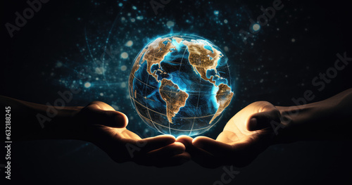 Tableau sur toile Hands holding circular globe of Earth, containing information and data, in luminous 3D model style