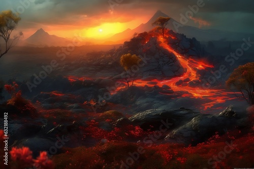 Huge massive Volcano Eruption. A large volcano erupts hot lava and gases into the atmosphere at night time. Lava dangerous nature explosion. Generative AI Technology