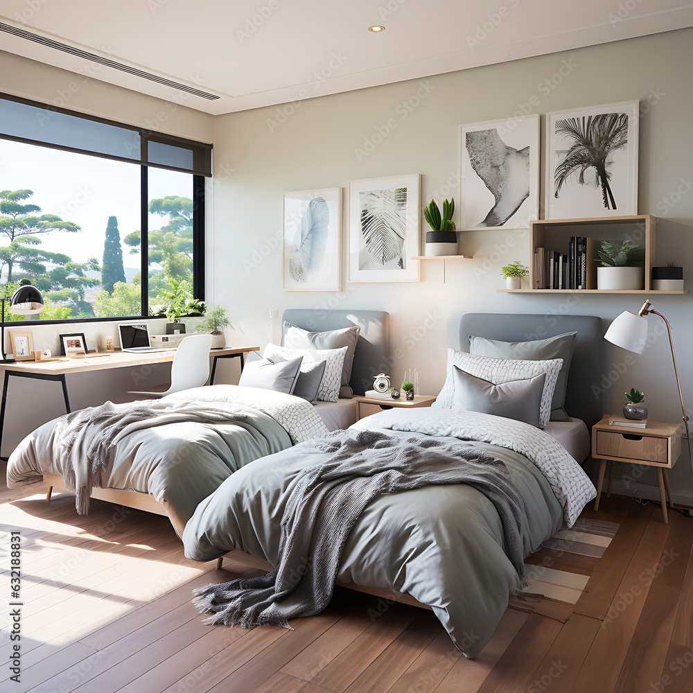 The interior of the living room with two separate beds, a desk and a ...