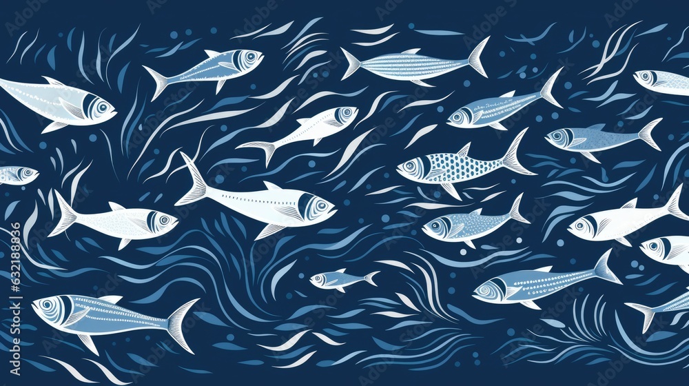 School of fish swimming under water of sea. Underwater life. World ocean day concept. AI illustration for banner, backdrop, wallpaper, flyer, brochure, poster, background, campaign. School of fish swimming under water of sea. Underwater life. World ocean day concept. AI illustration for banner, backdrop, wallpaper, flyer, brochure, poster, background, campaign.