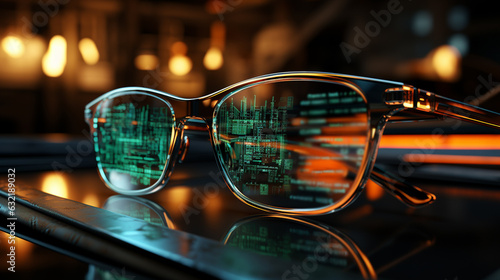 Eyeglasses looking at screen with digital code, coding new software. Generative Ai