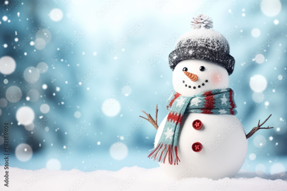 Cute fashionable snowman isolated on winter background 