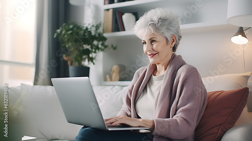 Beautiful pensioner woman studying or working online. Woman sitting at home with laptop