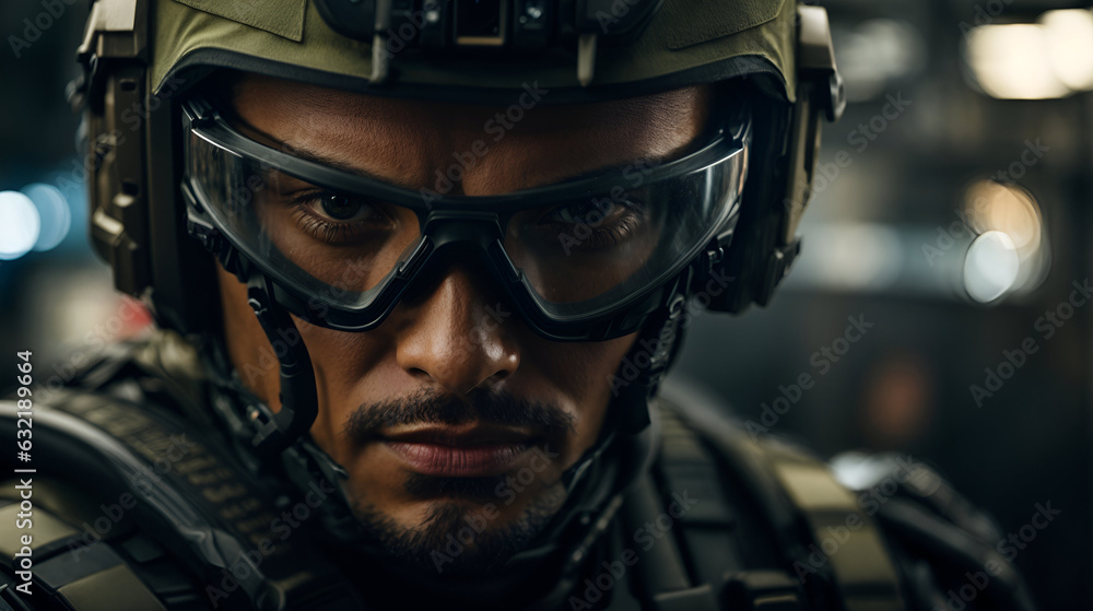 portrait of a futuristic soldier in full army gear