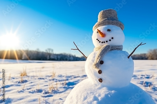Snowman in snowy field under a clear blue sky background 