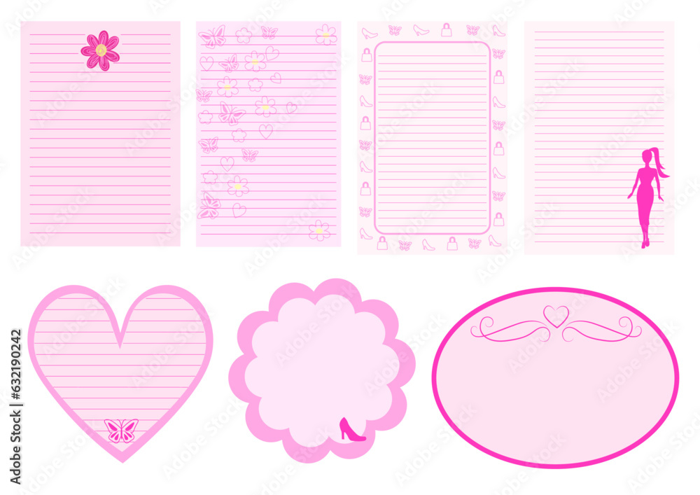 Vector stationery, digital notes, bullet journal stickers in pink colors