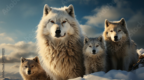 Family of wolves standing on a snowy cliff. Generative Ai