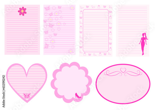 Vector stationery, digital notes, bullet journal stickers in pink colors