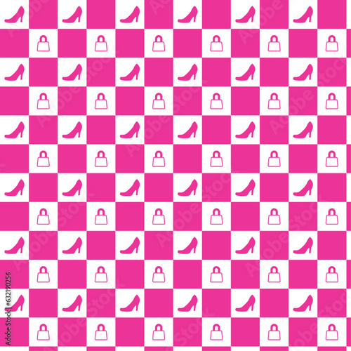 Pattern of fashion accessories, checkered background, in pink colors